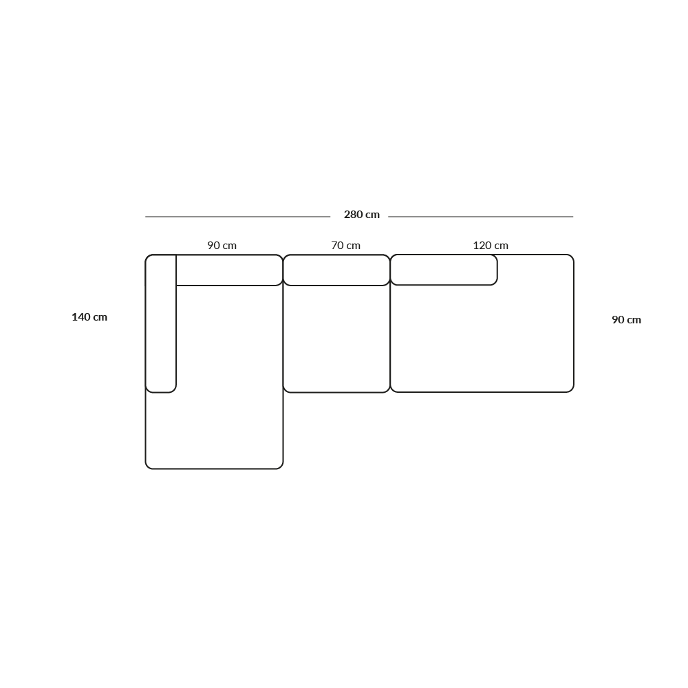 BASECAMP Open end - Linke chaiselongue, 3 Module, 140x280cm
