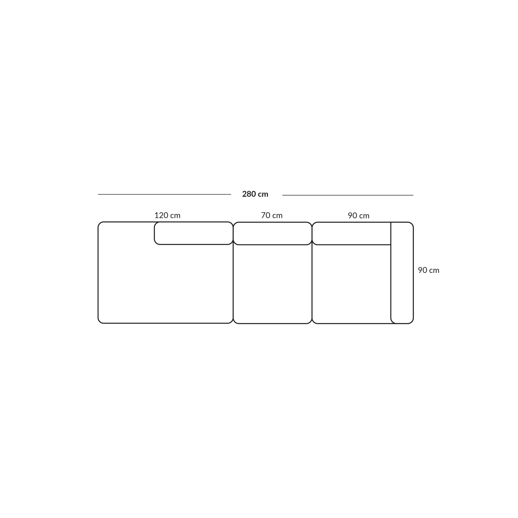 BASECAMP Three seater open - Rechte Ecke, 3 Module, 90x280cm