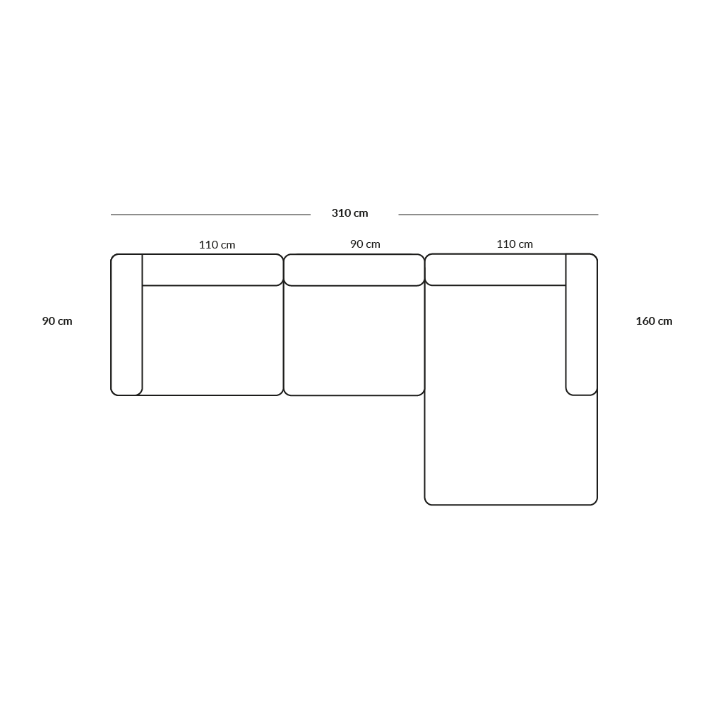 BASECAMP XL Chaiselongue - rechtes Chaiselongue, 3 Module, 160x310 cm