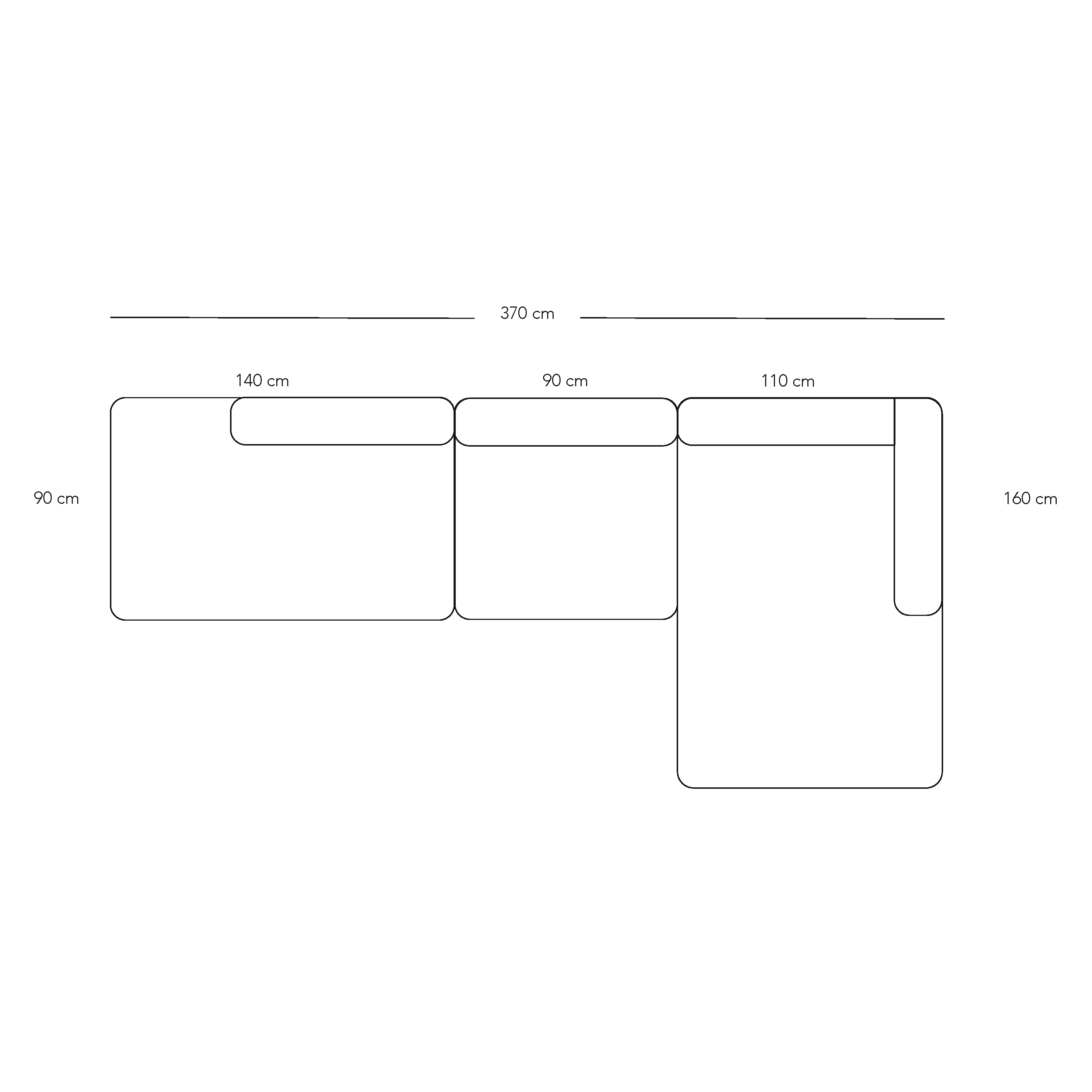 BASECAMP XL Open end - rechtes Chaiselongue, 3 Module, 160x340 cm